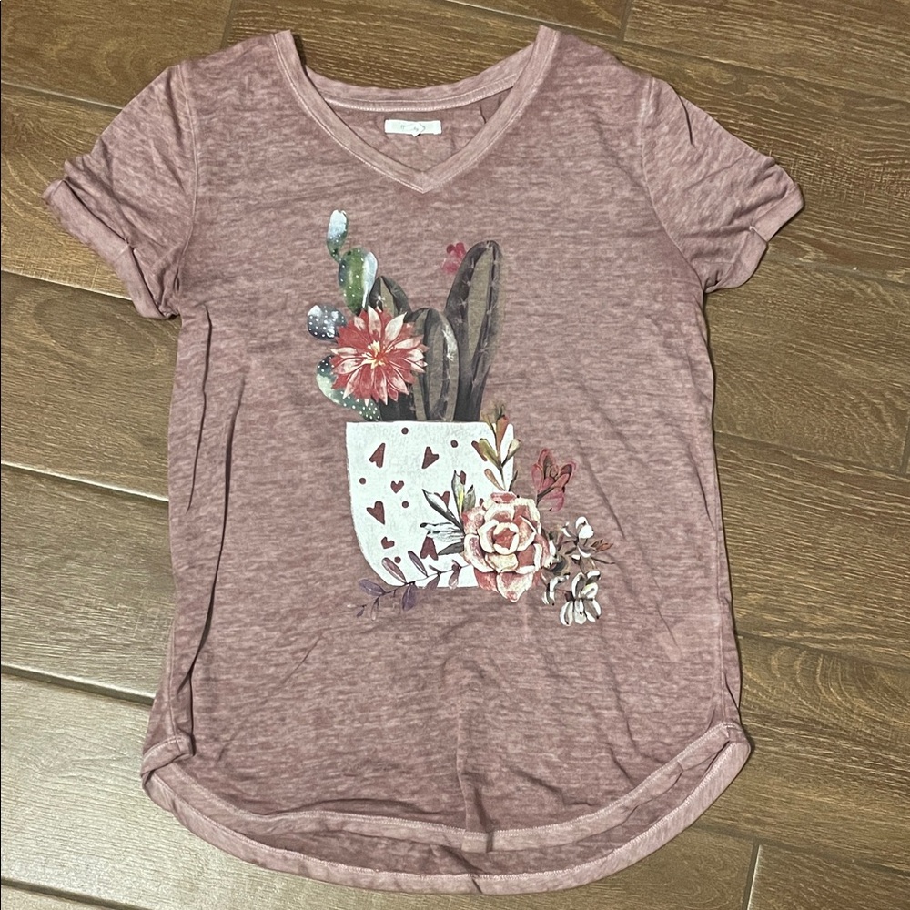 Maurices Pink Short Sleeve Tee with Floral Cactus Design